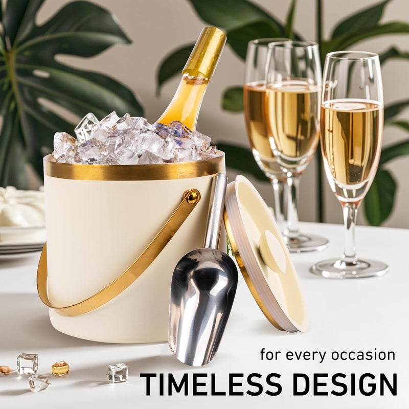 DRAMNYO 3L beige white Double Wall Insulated Stainless Steel Ice Bucket with scoop for Cocktail Bar,Metal Ice Bucket for freezer with Lid for parties.ice Container to Keep Ice Colder,bar cart accessories - Image 2